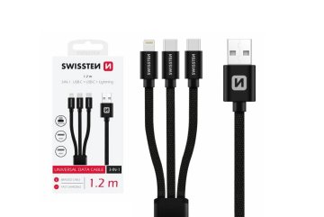 Datový kabel textilní 3v1 (Lightning, 2x USB-C), 1,2 m, černý 72501103
