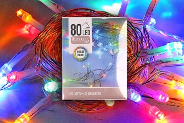 Vícebarevný LED řetěz s průhledným vodičem 80 LED, 8 m, na baterie