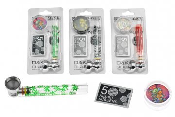 Skleněná fajfka (9cm) s drtičkou a sítky - Set 3ks, mix motivů, 1ks Skleněná fajfka (9cm) s drtičkou a sítky - Set 3ks, mix motivů, 1ks