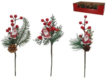 Vánoční zápich 30 cm - větvička s jehličím, bobulemi a Santou