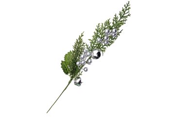 Zápich se stříbrnými bobulemi, rolničkou, kouličkou a jalovcem 60 cm - dekorace na aranžmá