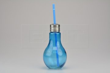 Sklenička na drink s plechovým víčkem a brčkem - Modrá žárovka