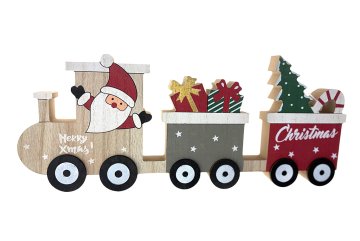 Vánoční dekorace vláček 30 cm - Santa, dárky a stromeček, dřevěná dekorace na postavení