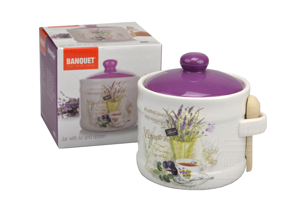 Porcelánová dóza s víčkem a dřevěnou lžičkou BANQUET 400ml (10x10cm) Porcelánová dóza s víčkem a dřevěnou lžičkou BANQUET 400ml (10x10cm)