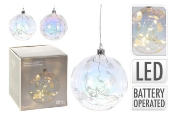 Závěsná skleněná koule s LED osvětlením 12 cm - 12 LED, motiv hvězda nebo strom