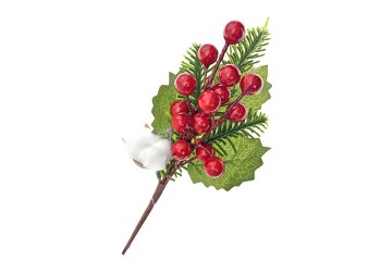 Umělá cesmína s bavlníkem a jehličím 21 cm - zápich k dekorování