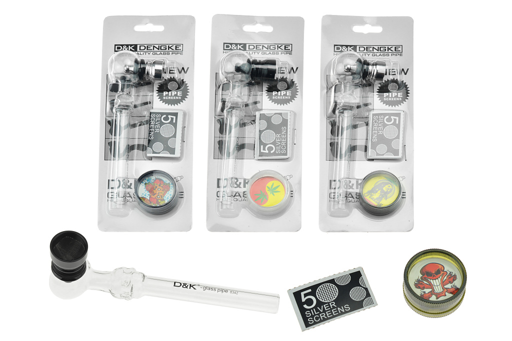 Skleněná fajfka (11.5cm) s drtičkou a sítky - Set 3ks, mix motivů, 1ks Skleněná fajfka (11.5cm) s drtičkou a sítky - Set 3ks, mix motivů, 1ks